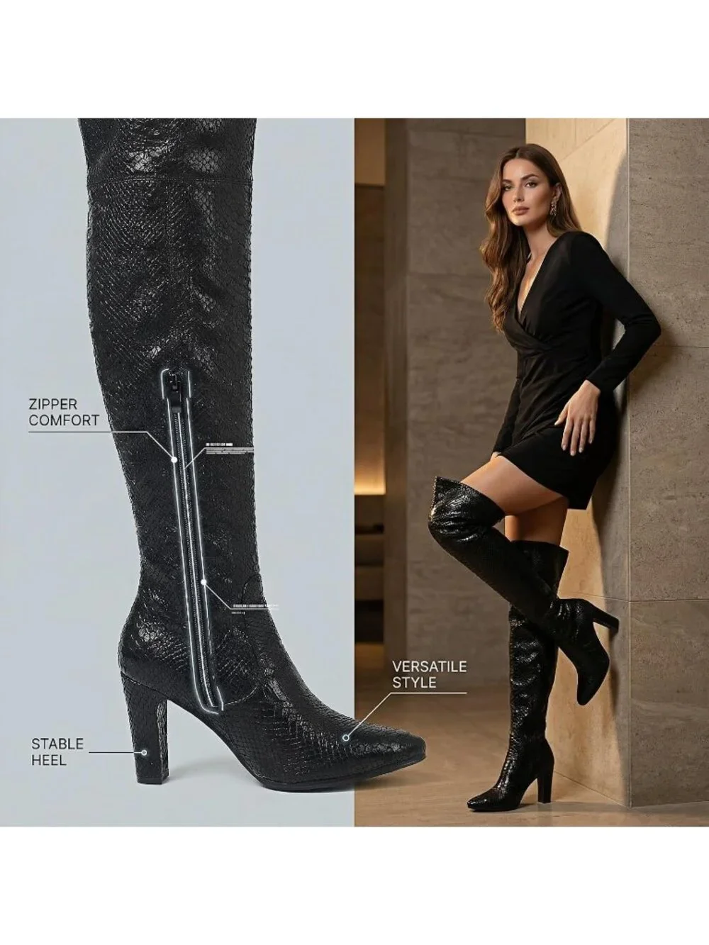 Women's Black Thick Pointed Toe Chunky Heel Side Zipper Over The Knee High Boots